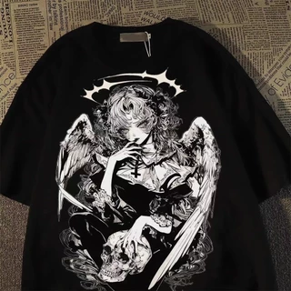 Camiseta Preta Unisex, Design com Anjo Femeino e Caveira, Moda Urbana