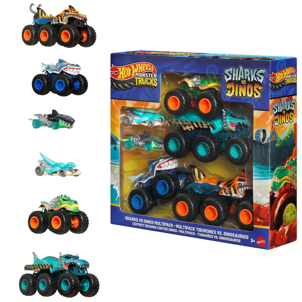 HOT WHEELS MONSTER TRUCKS KIT C/6 CARRINHOS SHARK VS DINO JGD68