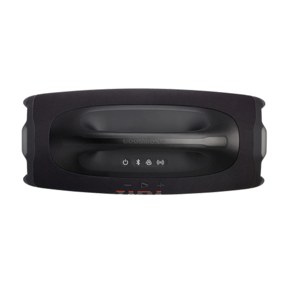 Vista superior da caixa de som JBL Boombox 4 mostrando botões de controle e alça