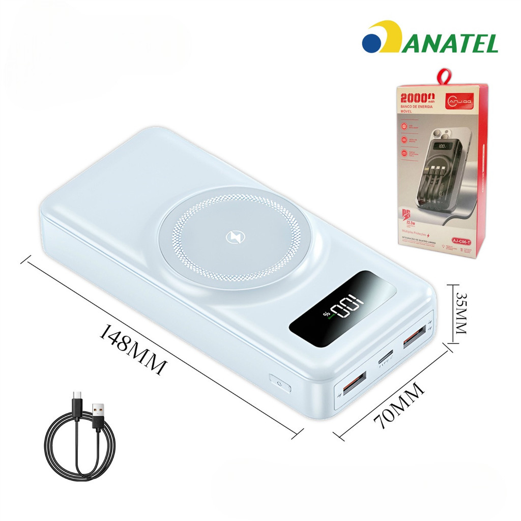 Sem fio/Com fio Carregador Portátil 20.000mAh Indução para iPhone/Android Power Bank ANJGG