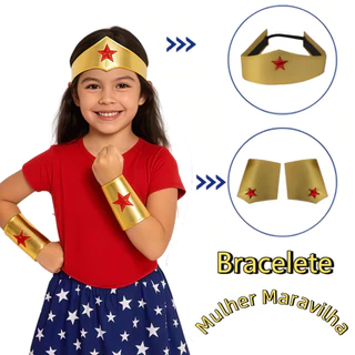 Kit C/ 03 PÇS Acessório Fantasia Mulher Maravilha Bracelete Tiara Heroína Cor Dourado