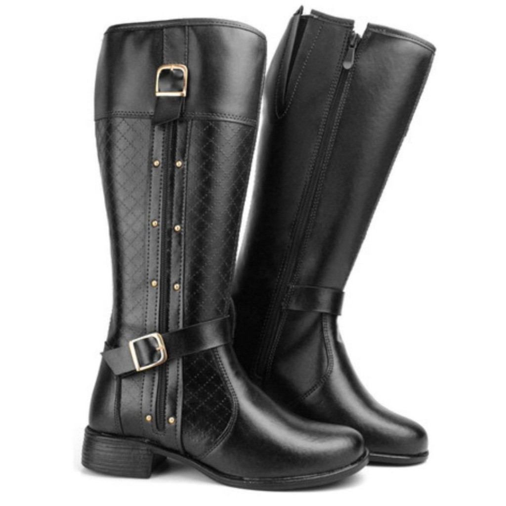 Bota Cano Longo Alto Feminina Montaria Detalhe Fivela Confortável ...