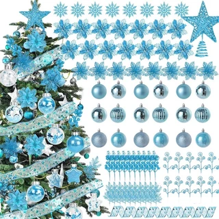 1/5/15/36 Unidades Conjunto De Decoração De Árvore De Natal Azul Enfeites Luz De Estrela Flores De Poinsétia Glitter Bag
