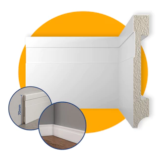 Rodapé 7cm Passa Fio com Friso Frisado Poliestireno Decoração Branco Resistente Barra 1 Metro