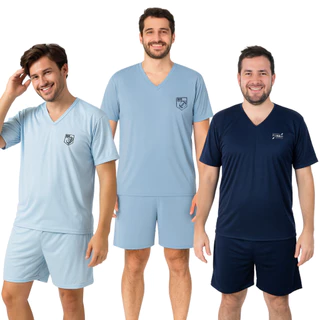 Kit 2 Pijamas Verão Masculino Manga Curta Básico Bordado Sortido P ao GG em Oferta na Shopee