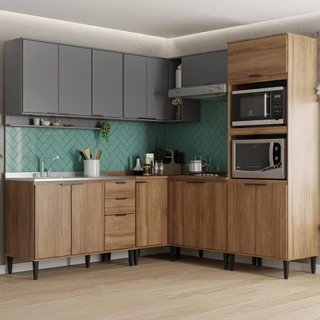 Armário de Cozinha Completa Miami Flow Carraro Freijó com Cinza Titânio em Oferta na Shopee