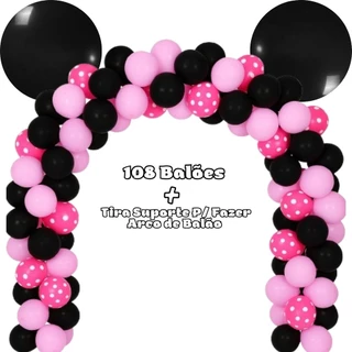 Kit 108 PÇS Balões Festa temática Minnie Rosa + Tira Arco Desconstruído 5 Metros, Aniversário, Balões Estampados N9