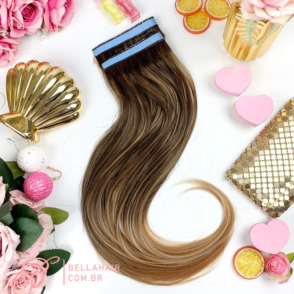 MEGA HAIR ADESIVO CABELO DE FIBRA HUMANIZADA LISO MORENA ILUMINADA ...