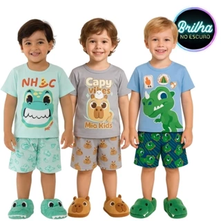 Conjunto Pijama Brilha no Escuro Personagens Menino Infantil Mickey Homem Aranha Dinossauro em Oferta na Shopee