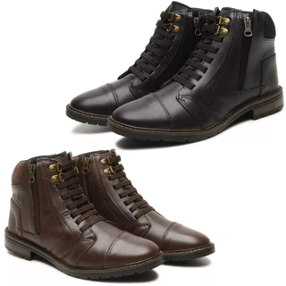 Bota Coturno Casual Masculina Marrom e Preta com Zíper E Cadarço Botina Social