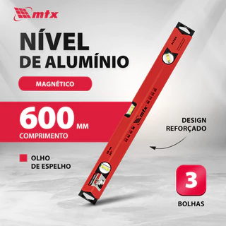 NIVEL DE ALUMINIO, REFORCADO, 3 BOLHAS, 1 BOLHA COM ESPELHO, 24POL., 600MM, 1PC // MTX