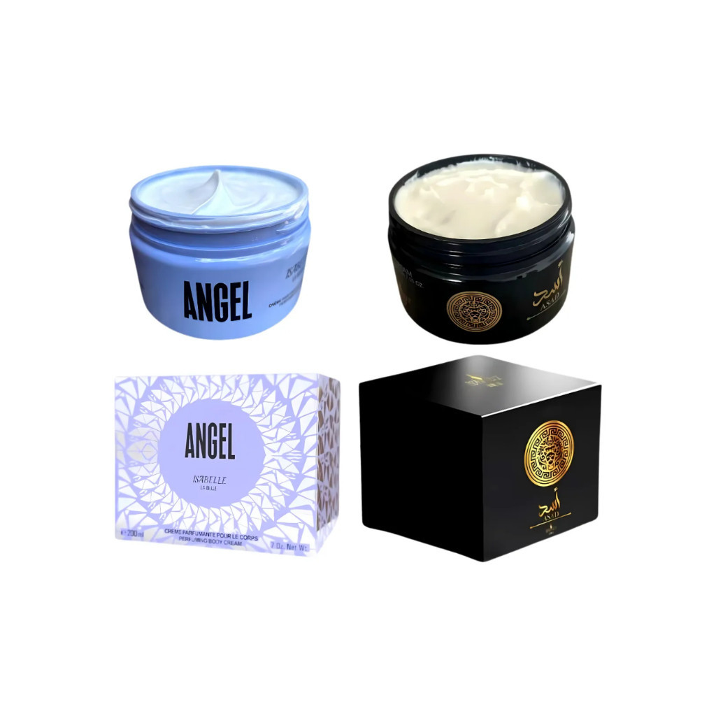 Combo 2 Cremes Sedutores Importados Árabes Asad + Angel Isabelle La Belle 236g cada - Combinação ideal para uso diário.