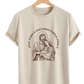 Camiseta Católica com estampa da Sagrada Família Jesus Maria e José Camisa Cristã Unissex Algodão