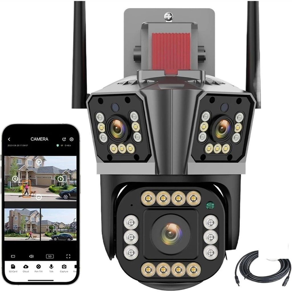 Câmera IP Wi-Fi 5K 12MP três lentes externa PTZ