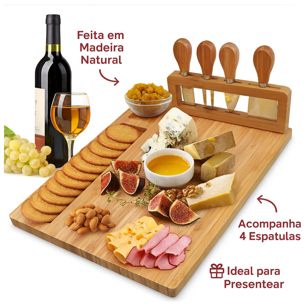 Imagem do produto Tábua para Queijos e Frios com Kit de Espátulas 4 Peças – Madeira Premium, Ideal para Servir e Presentear