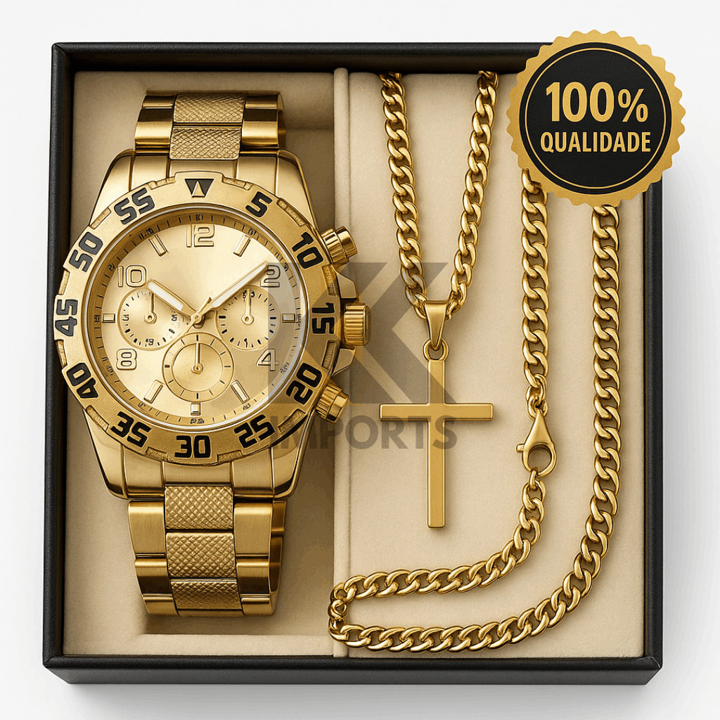 Kit Relógio Masculino Original + Corrente Cruz Banhado a Ouro 18k + Pulseira Luxo