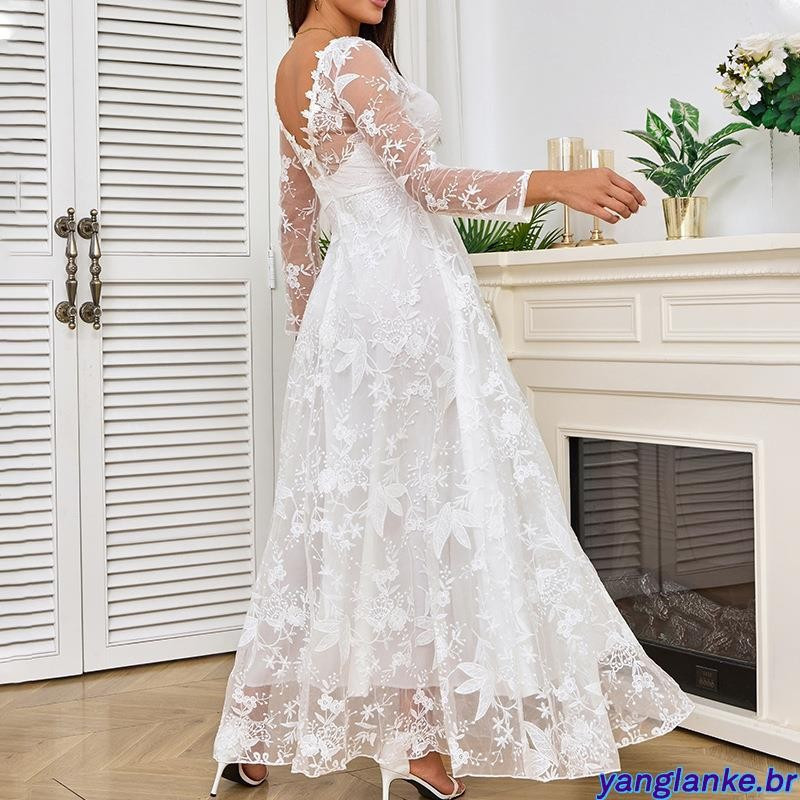Vestido de Noiva Civil Branco de Manga Longa com Cor Sólida e ...