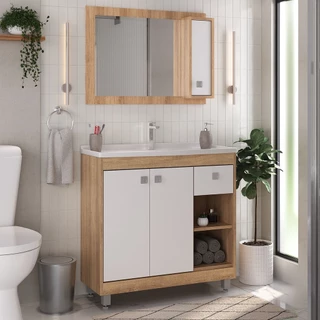 Armário Conjunto de Banheiro com Gabinete, Cuba e Espelheira 3 Portas Viena 80 cm Argel/Branco