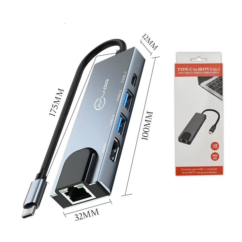 Adaptador USB C 4K HDI 5 em 1 com Ethernet, PD de 100 W, portas USB 3.0 e 2.0 anjgg