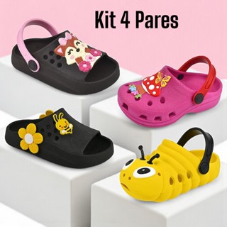 Kit 4 Pares Sandália Infantil Confortável Babuche Divertido Antiderrapante e Chinelo Macio