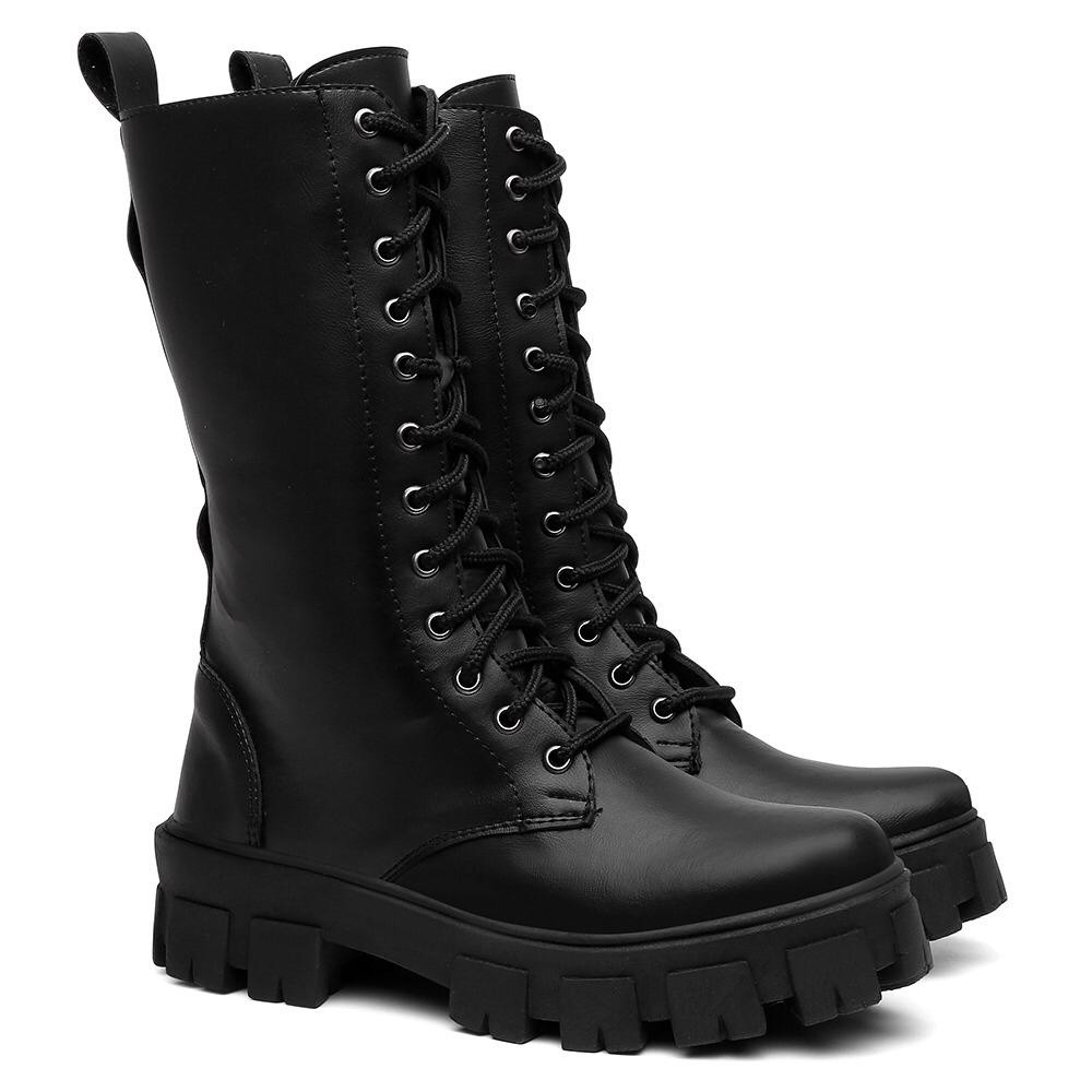 Bota Coturno Feminino Cano Alto Zíper Tratorado Lisa Solado Robusto ...
