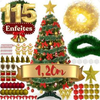Árvore De Natal 1,20m Decorada 115 Enfeites Completa Festão Pisca Pé Plástico