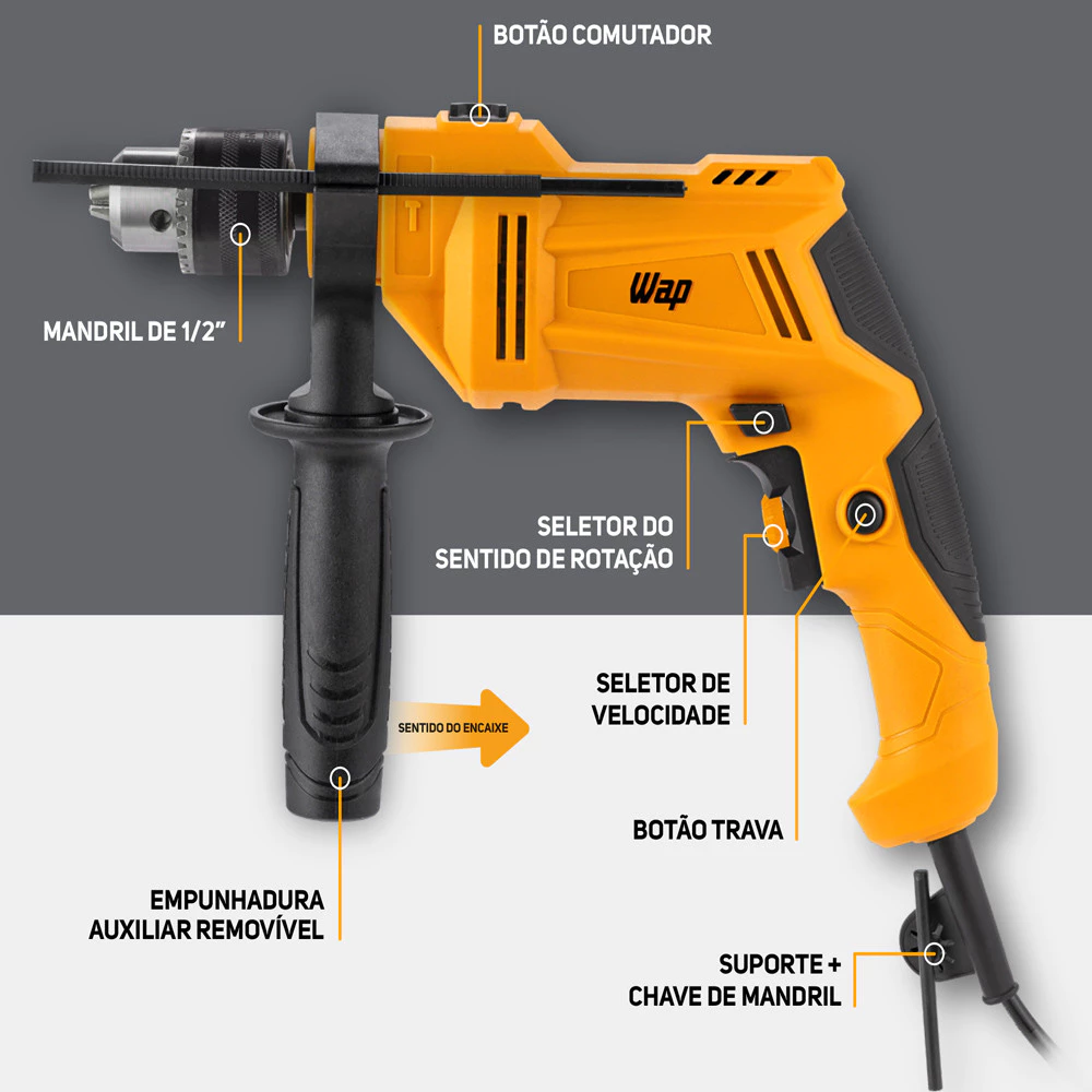 Parafusadeira e Furadeira de Impacto WF 700K10 W2 WAP Mandril de 3/8" Potência de 700W + Maleta - Imagem 4
