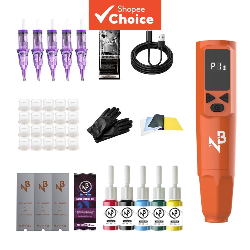 Kit de Tatuagem Iniciante Caneta Rotativa Wireless Orange NB com Tintas para Tatuagem em 5 Cores, Agulhas Cartucho 5
