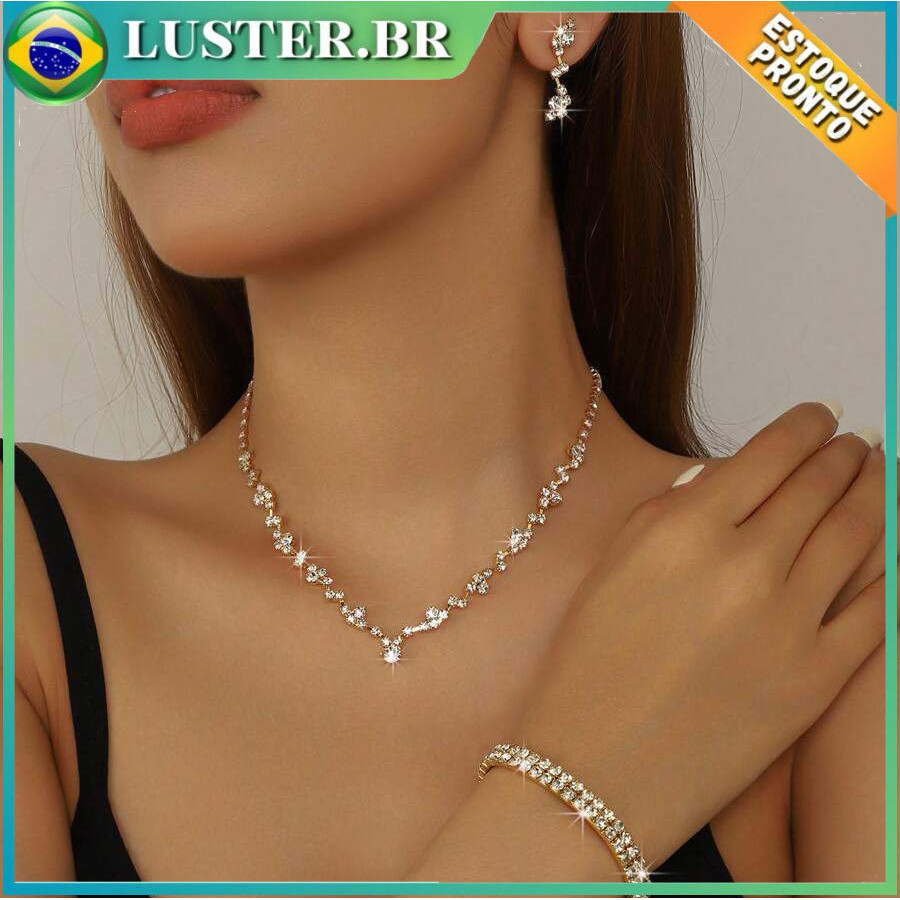 Conjunto de 3 joias da moda, incluindo colar, brincos e pulseira, adequado para uso diário feminino, casamentos e festas | Shopee Brasil