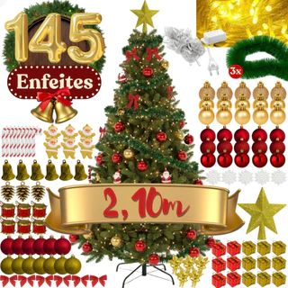 Árvore De Natal 2,10m Completa 145 Enfeites Decorada Festão Pisca Pisca Bolas Pé De Ferro