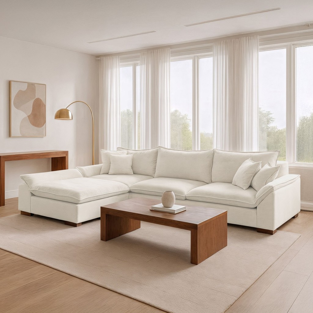 Sofá Modulado com Chaise e Almofadas Soltas M201 Base em Madeira Maciça
