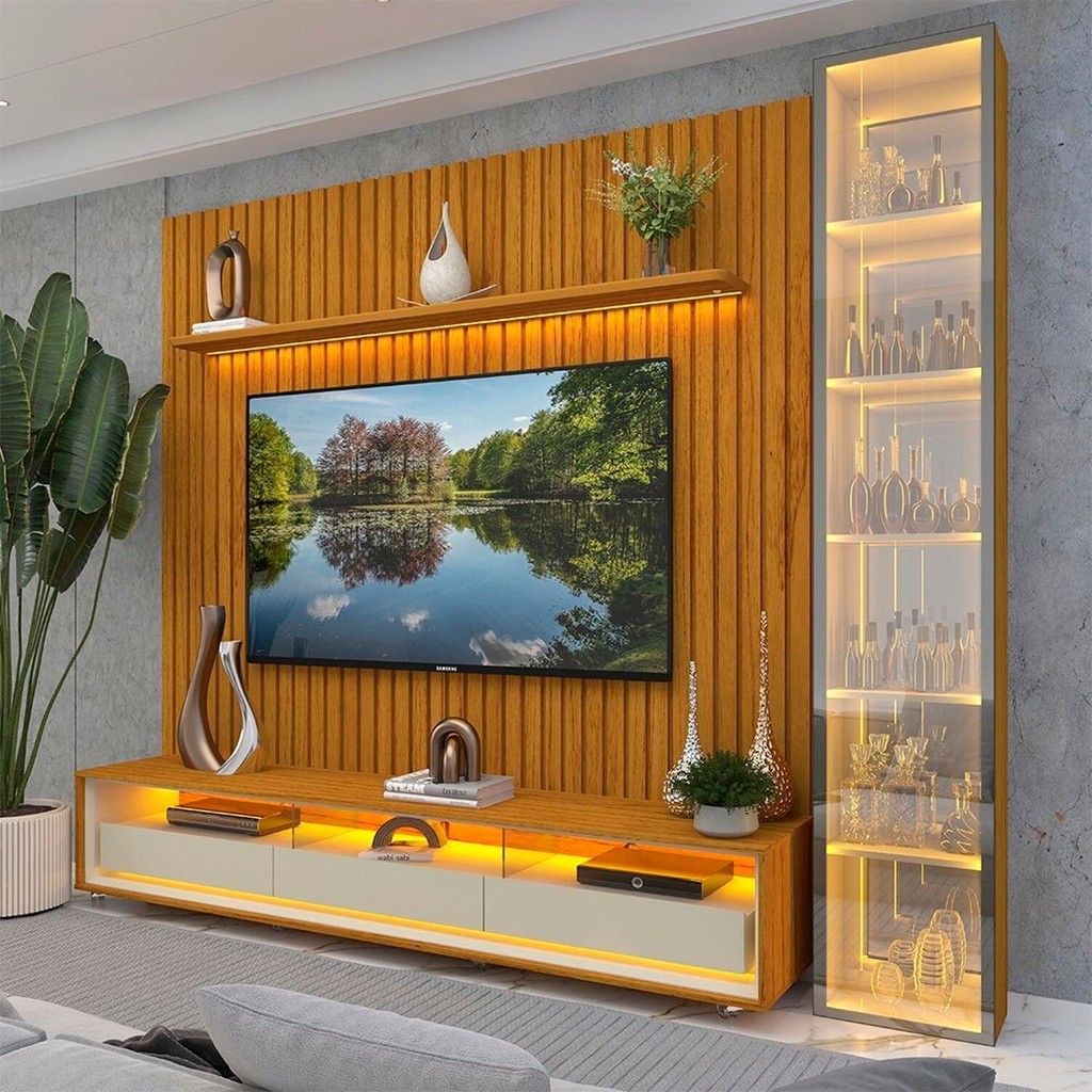 Rack com Painel Ripado para Tv até 85" 3g1p Led/rodízios/esp 266,8cm 100% Mdf Nobre Clean/requinte/luminare 266.8