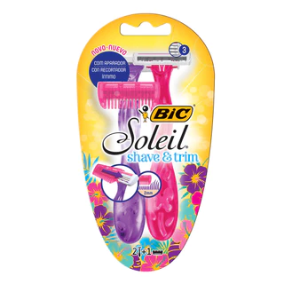 Barbeador descartável Soleil Rosa e Roxo 2 unidades + aparador Bic em Oferta na Shopee