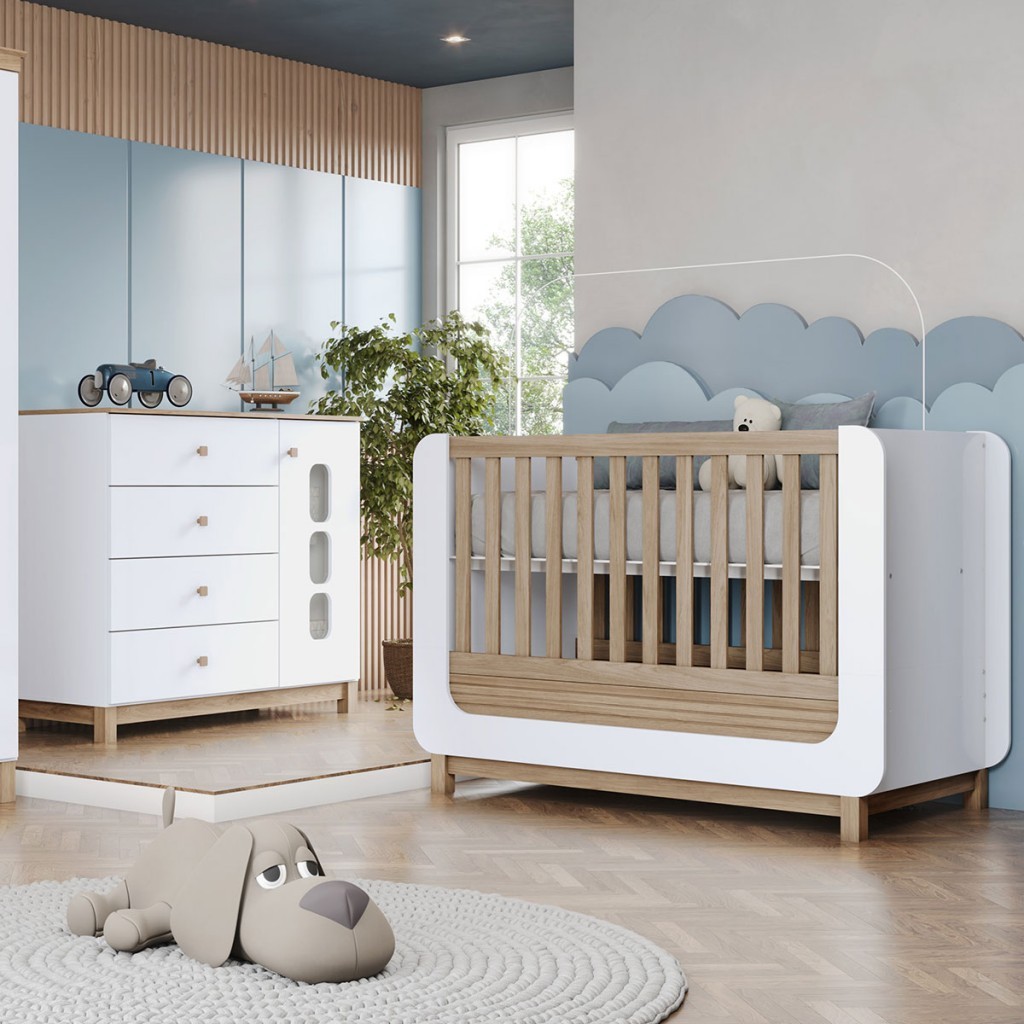 Quarto de Bebê Completo Aconchego 1 Porta 4 Gavetas com Vidro Branco/Jequitibá - Henn