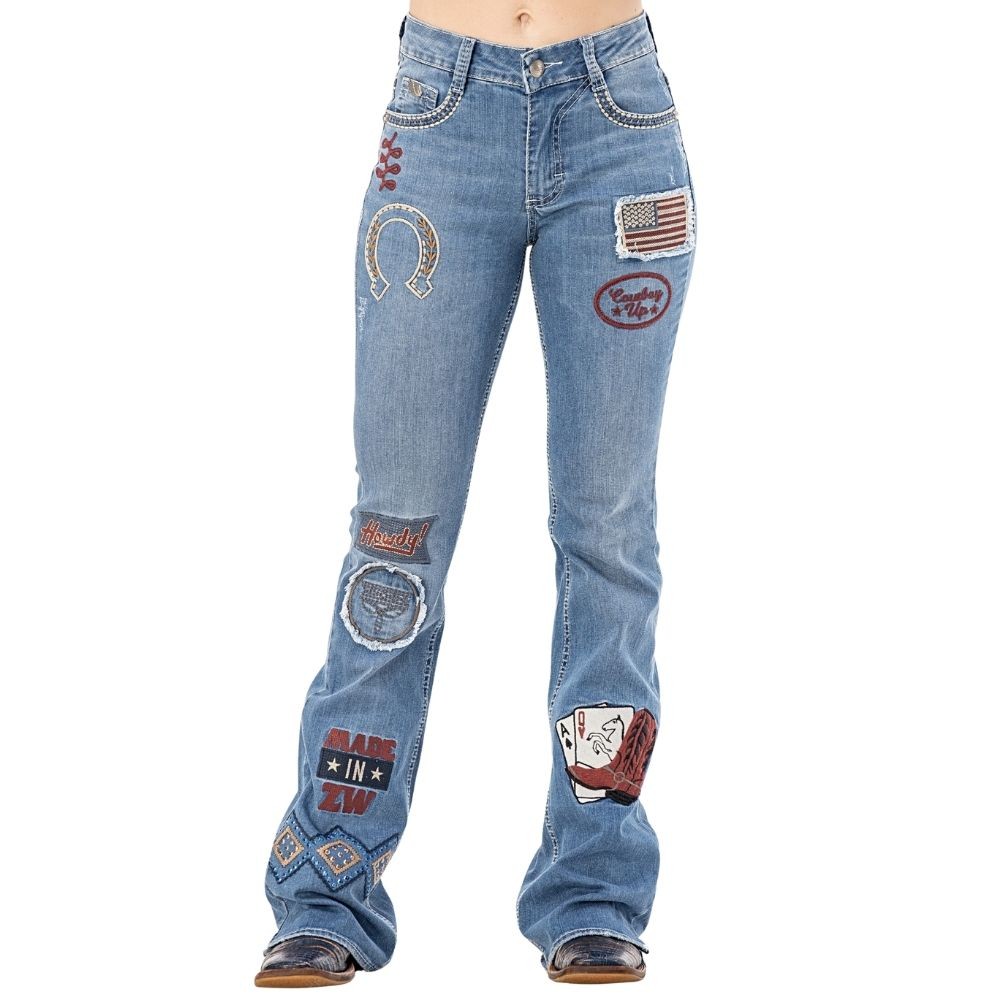 Calça Feminina Zenz Jeans Made In Zw Azul Médio Flare Bordados