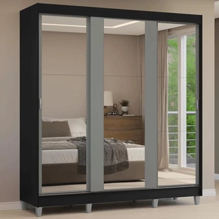 Guarda-Roupa Casal com Pés 3 Portas de Correr de Espelho Preto/Cinza Reno Madesa em Oferta na Shopee
