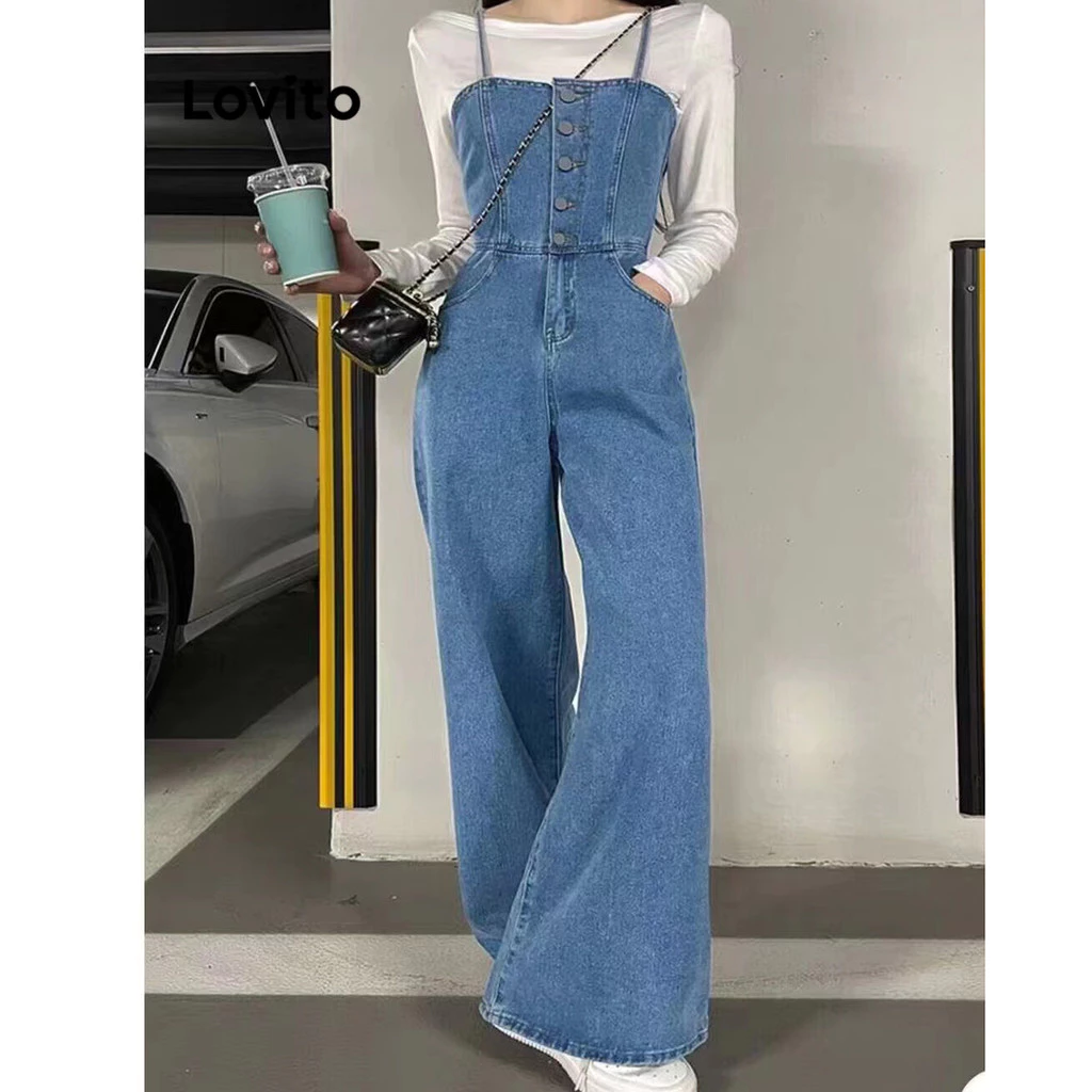  Casual Macacão Feminino Liso Lavado com Bolso e Botão Frontal LNE22047 (Multicolorido)