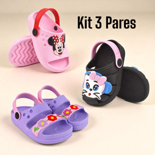 Kit 3 Pares Sandália Infantil Menina Confortável Chinelo Antiderrapante e Babuche Macio