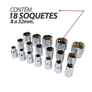 Kit Soquetes Estriados 8-32mm 22 Peças 1/2" Chave Catraca Reversível Original Profissional CR-V