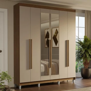 Guarda-Roupa Casal com Pés 6 Portas Batentes com Espelho Rustic/Crema/Rustic Saturno Madesa em Oferta na Shopee