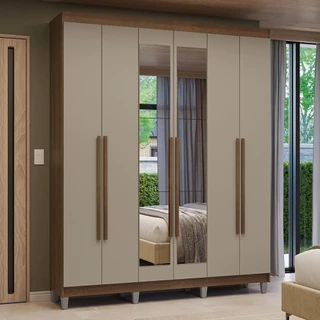 Guarda-Roupa Casal com Pés 6 Portas Batentes com Espelho Rustic/Crema/Rustic Venus Madesa em Oferta na Shopee