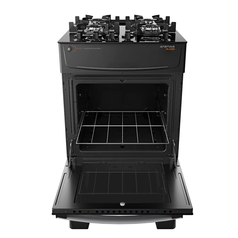 Fogão 4 Bocas Atlas Atenas Glass Mesa de Vidro Preto Bivolt