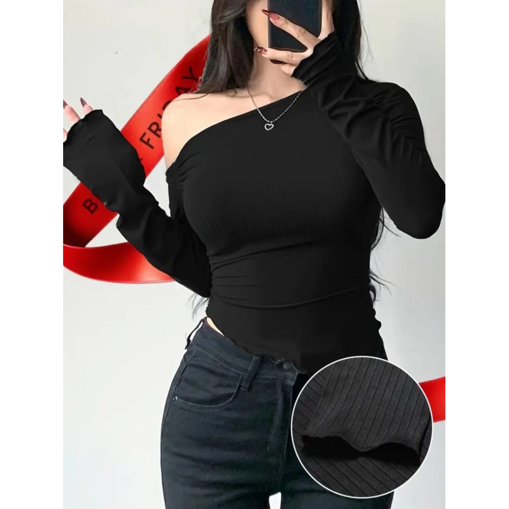 Camiseta femenina assimétrico canelado Lisa Manga Longa Barra Lenço Moda verão