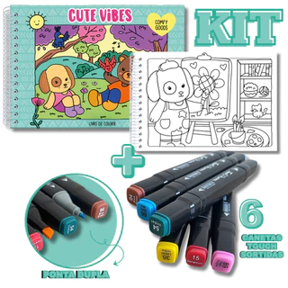 KIT com Livro de Colorir Comfy Goods - Cute Vibes + 6 Canetas Touch Pontas Duplas Sortidas em Oferta na Shopee