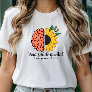 Camiseta Saúde Mental Importa Cerebro Flor T Shirt Terapia Psicologia Psicóloga Setembro Amarelo