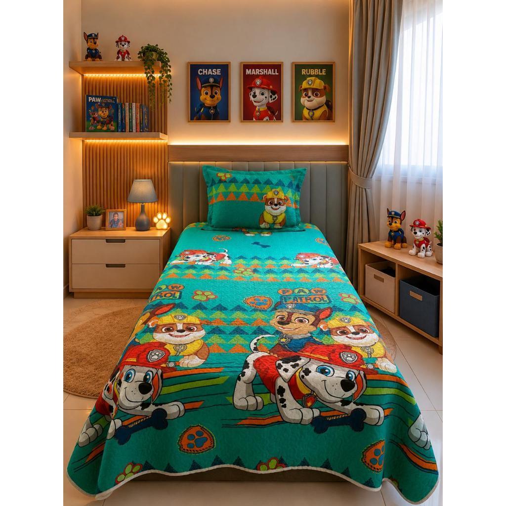 Kit Colcha Cobre Leito Dupla Face 1,60mX2,40m Com Viés Infantil Temática Porta Travesseiro Com Zíper