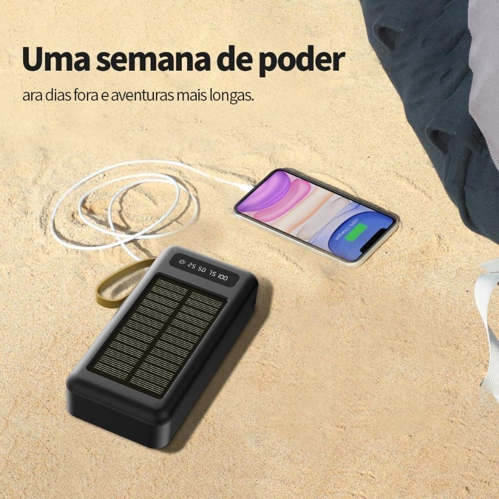 Product image Carregador Portátil Power Bank Solar 20.000mah Com cabos 5 Em1 LED lanterna 7