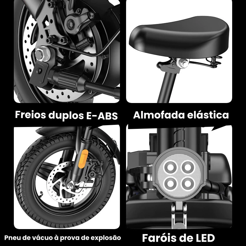 Quatro close-ups dos componentes da bicicleta elétrica NUDA: freios duplos E-ABS, almofada elástica do assento, pneu de vácuo à prova de explosão e faróis de LED.