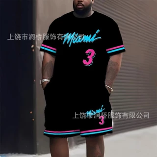 Conjunto de Roupas Esportivas Masculinas Plus Size Miami com Impressão Digital 3D - Camiseta Preta Casual e Shorts Perso