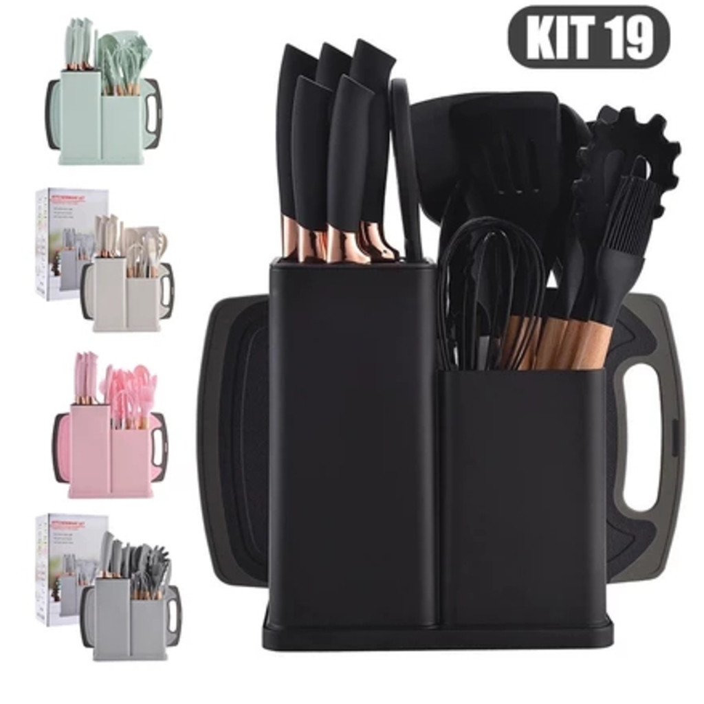 Kit Completo Jogo de Cozinha Luxo 19 Peças Com Tábua em Silicone Espátula Faca Tesoura Utensílios-LM | Shopee Brasil